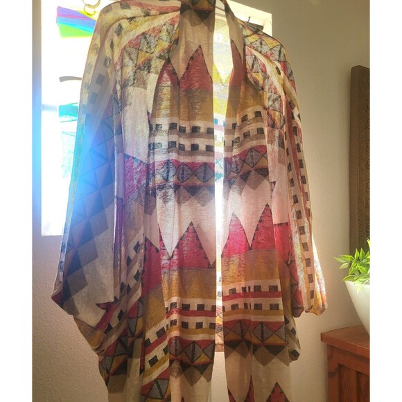 Freeway Aztec Western Boho Southwestern Sante Fe Belted Cape Cardigan L - Picture 7 of 11